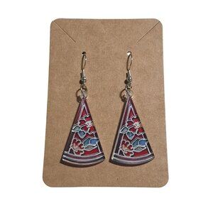 Handmade Red Blue Floral Patterned Acrylic Dangle Earrings Stained Glass Look